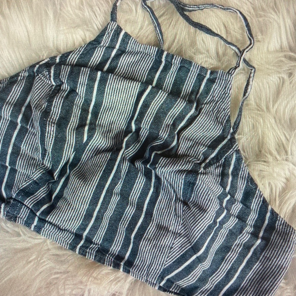 American Eagle Outfitters Blue and White Striped Cropped Tie-Strap Camisole